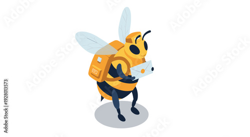 cute bee courier character holding envelope with backpack in colorful isometric style