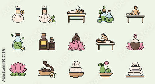 A colorful collection of flat design icons for spa massage and aromatherapy.