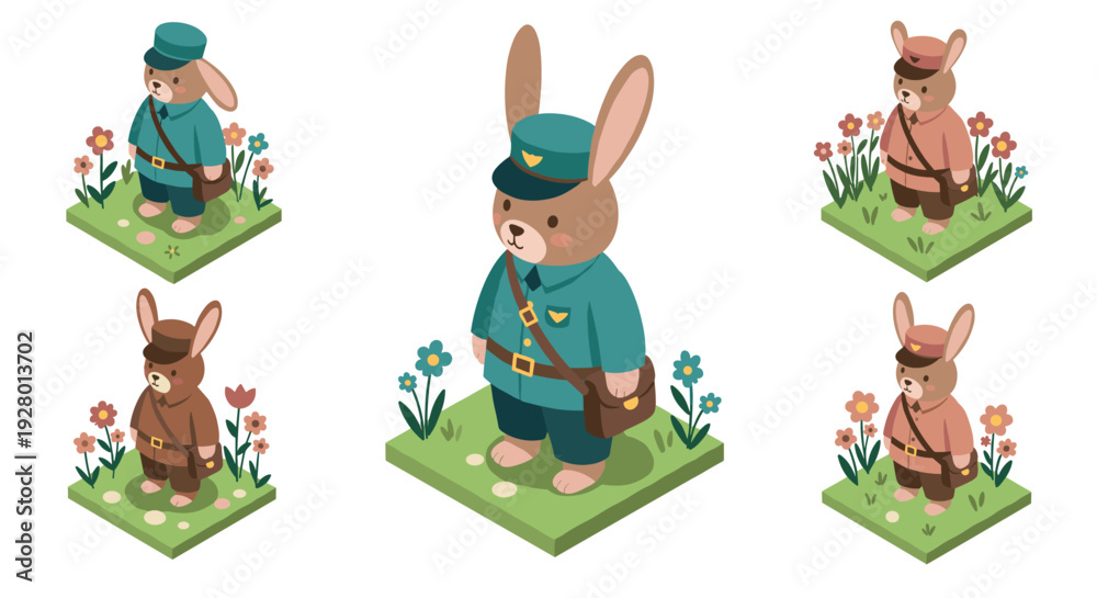 Fototapeta premium cute hand drawn bunny postman character set with blue and brown uniform standing on grassy floral patch isometric illustration