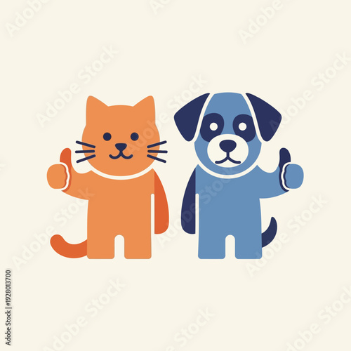 Cute cartoon cat and dog giving thumbs up gesture on a plain light beige background.