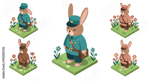 cute hand drawn bunny postman character set with blue and brown uniform standing on grassy floral patch isometric illustration