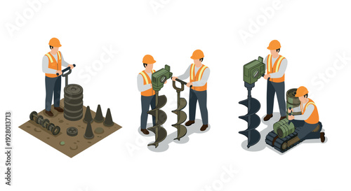 construction workers using and assembling earth auger drill bits hand drawn isometric illustration set