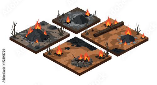 isometric fire campfire survival burned ground patches set hand drawn illustration