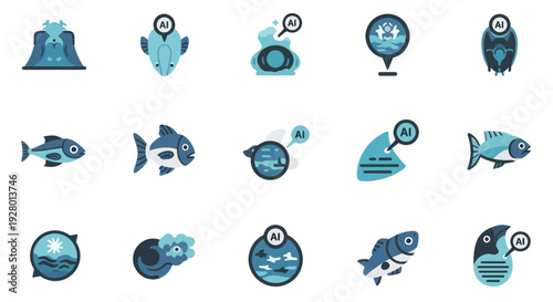 Set of modern flat design icons in blue tones featuring animals nature and AI exploration symbols.