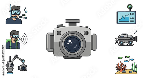 Gray waterproof action camera icon for underwater photography and extreme sports.