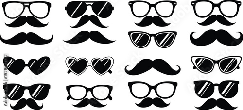 Collection of various mustaches and glasses illustrations in black and white, displayed in a grid pattern