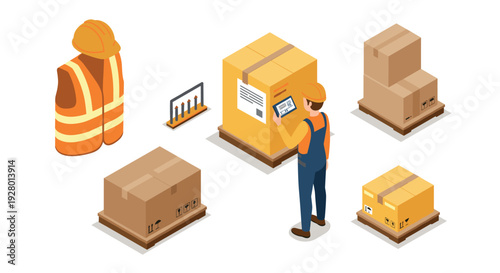 warehouse worker scanning large cardboard packages with safety vest and helmet in isometric style
