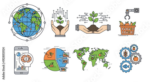 Sustainable Development Icons: Earth Plants Technology and Global Charts.