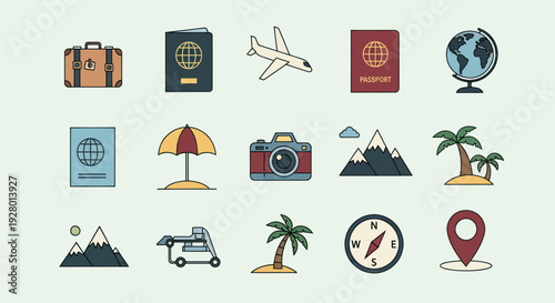 Collection of Travel and Vacation Icons Featuring Luggage Passports and Globe.