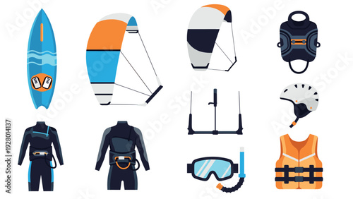 kitesurfing gear and equipment set flat vector illustration for water sports safety and recreation