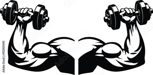 Muscular arms lifting dumbbells in a powerful double bicep curl exercise illustration