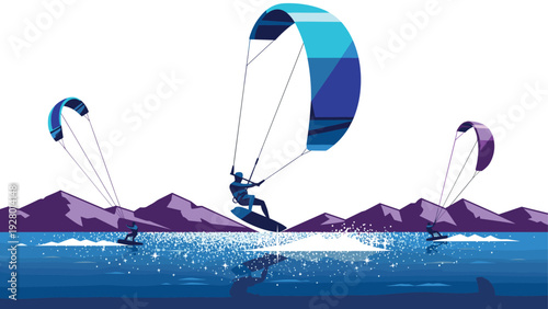 three kite surfers with colorful kites jumping on water with purple mountains background flat vector illustration