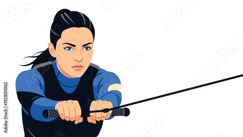 woman rowing boat hand drawn vector illustration with focused facial expression and blue sporty outfit