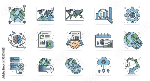 Hand-Drawn Global Data Analytics and Business Icons Set.