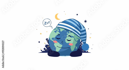 Illustration of a sleeping Earth wearing a hat and shoes on a white background with a dreamy and peaceful mood.