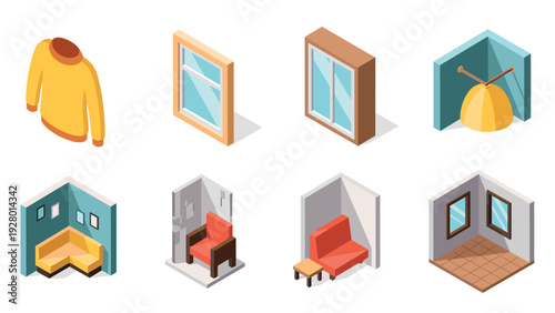 set of isometric home interior elements with clothing furniture windows and wall corners in bright colors