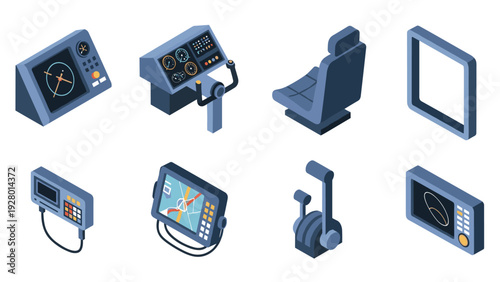 isometric set of ship navigation control panel instruments and captain chair hand drawn collection