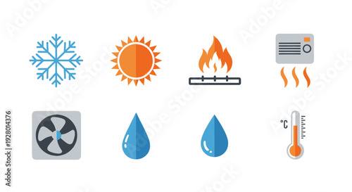 Collection of Colorful Weather and Climate Icons on White Background.