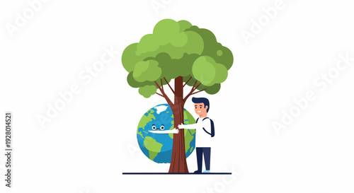Cartoon illustration of a man hugging a tree and the Earth, conveying an eco-friendly and environmental mood against a clean white background.