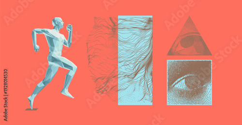 Running man or marathon runner. 3D human body model. Eye. Digital vision. Water splash imitation. Grid. Dynamic emitted particles. Illustration for brochure, poster, presentation, flyer or banner.