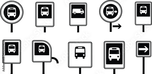 bus stop sign icon set public transport signage road symbol direction arrow urban transit station vector outline collection design