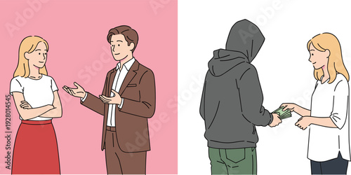 Business negotiation and money exchange concept illustration, conversation partnership and suspicious cash payment scene social communication vector design collection