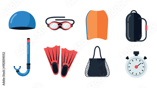 set of swimming and snorkeling gear with hand drawn style for water sports activities