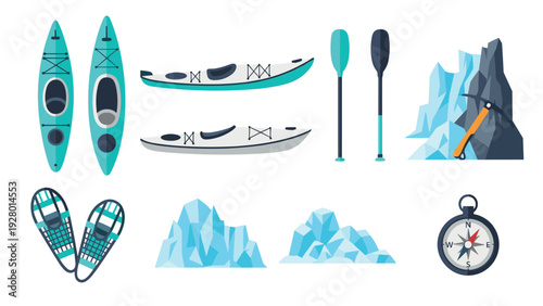 set of hand drawn kayaking ice climbing and navigation equipment icons
