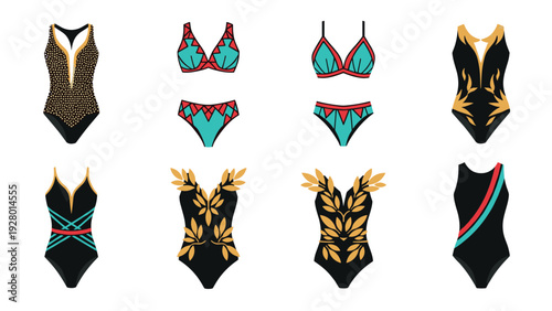 hand drawn colorful swimwear collection with one piece swimsuits and bikinis in modern design