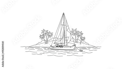 sailboat anchored near tropical island with palm trees hand drawn line art illustration