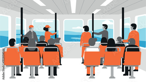 illustration of passengers sitting and standing inside ferry boat cabin with ocean view flat style