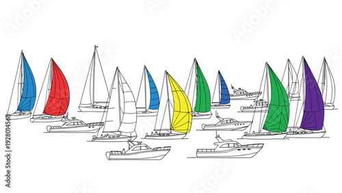 colorful sailing boats and yachts hand drawn line art vector illustration