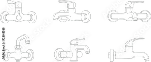Collection of various faucet illustrations displayed from different viewpoints showcasing different handle types