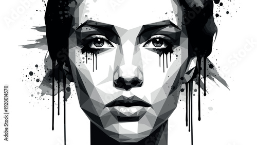 black and white polygonal woman face with paint splatter tears hand drawn geometric style portrait