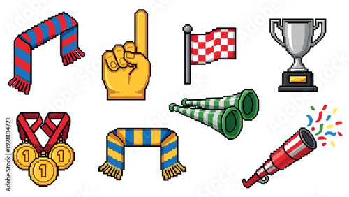 pixel art sports fan accessories set with scarves medals trophy foam finger vuvuzelas and flags