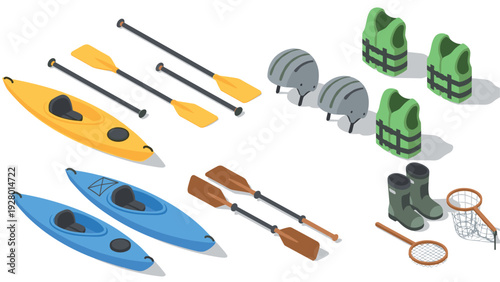 isometric collection of kayaking equipment including kayaks paddles helmets life jackets boots and fishing nets in flat style