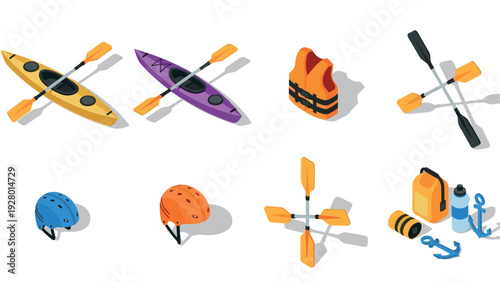 set of isometric kayaking equipment including kayaks paddles helmets life jacket and accessories