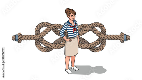 woman dressed as sailor standing with hands on hips in front of nautical rope knot illustration