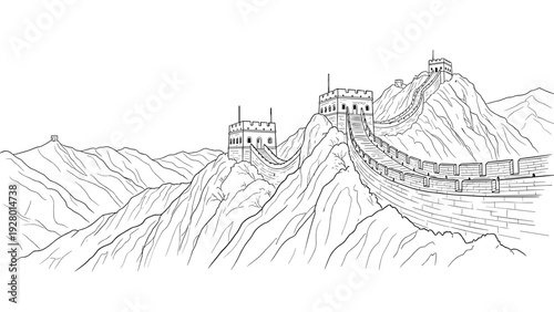 great wall of china hand drawn line art landscape with watchtowers and mountains historical landmark illustration