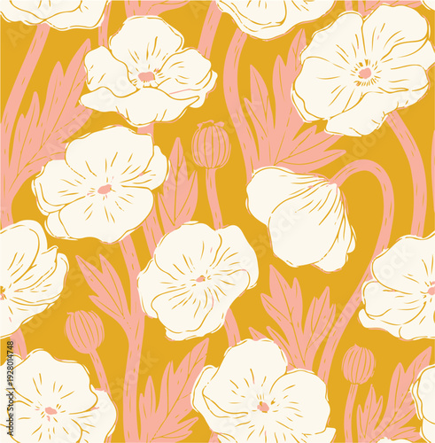 botanic seamless pattern with exotic flowers and leaves, hand drawn background. floral pattern. Tile with tropical leaf