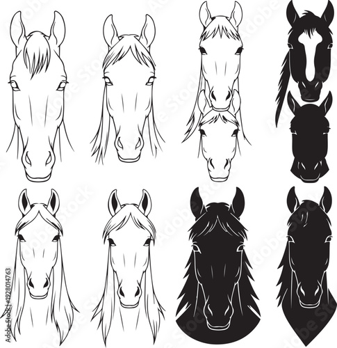 Collection of horse head and silhouettes horses equine animal