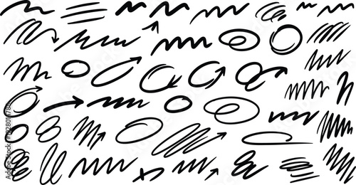 Hand drawn abstract illustration featuring various shapes and symbols in black on a plain background from a direct viewpoint