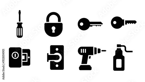 set of hand drawn black silhouette locksmith tools keyhole screws and lock icons