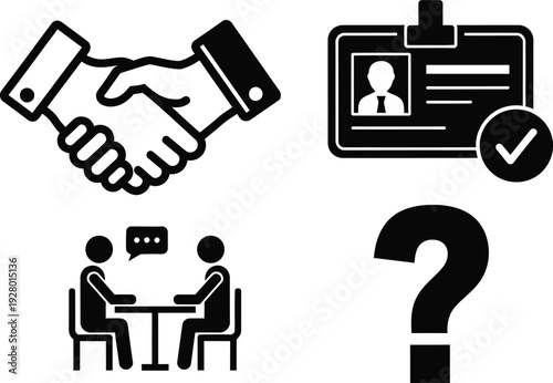 Illustration of handshake, ID verification, discussion, and question mark icons