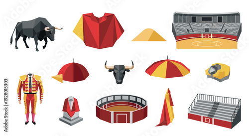 bullfighting elements set with bull, matador costume, arena, and traditional accessories in low poly style