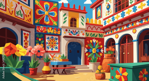 colorful courtyard with vibrant floral patterns hand drawn vector illustration mexican style architecture
