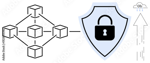 Blockchain technology, data security, carbon emissions, environmental impact, fintech innovation, and sustainability. Illustration of interconnected blocks, shield with lock, and CO2 emissions cloud