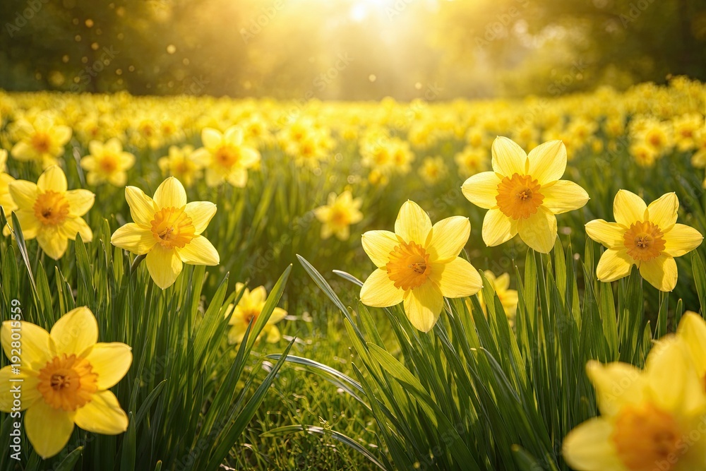 Obraz premium Sunny spring field of blooming yellow daffodils glowing in warm golden light with soft depth of field