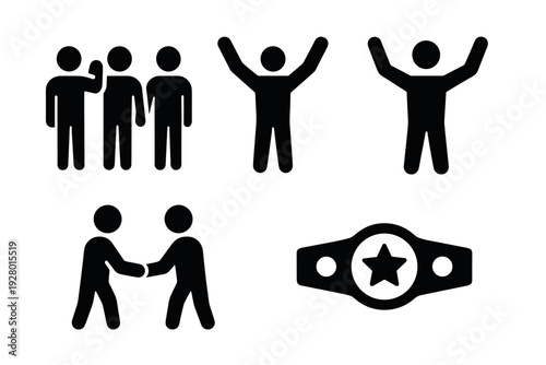 set of hand drawn people icons with celebration handshake and championship belt silhouette