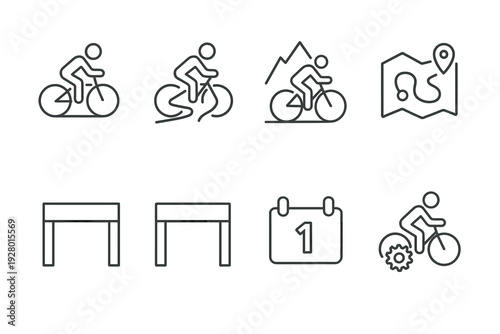 bicycle riding cycling icons set with route map hurdles calendar and mountain landscape in hand drawn outline style